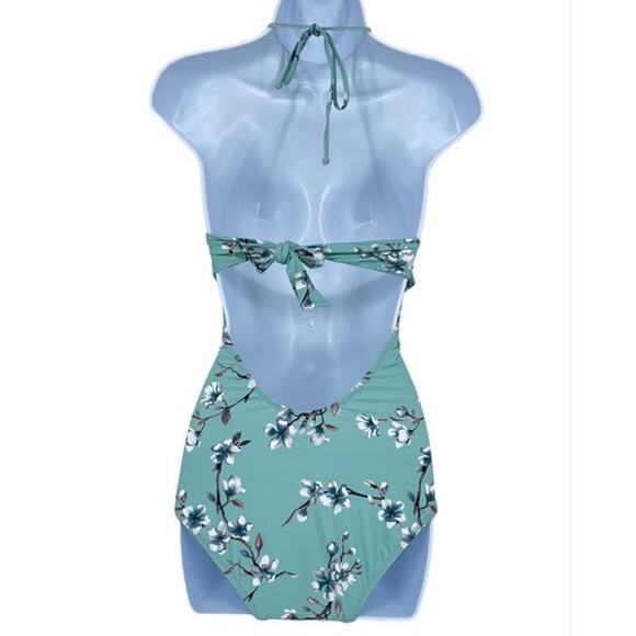 Swimsuit Vintage Style Halter One Piece in Green Dogwood Floral Print Size S - Picture 8 of 9